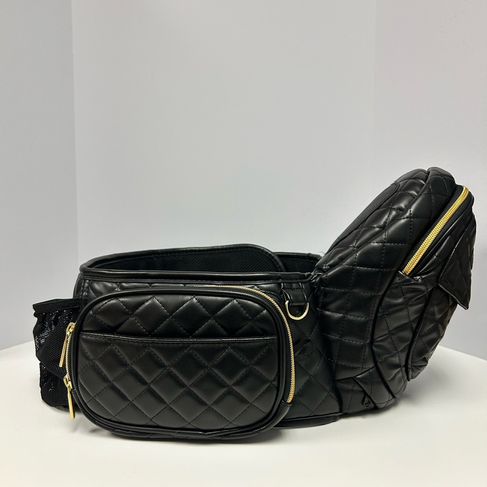 Quilted Black Baby Waist Bag with Gold Zippers